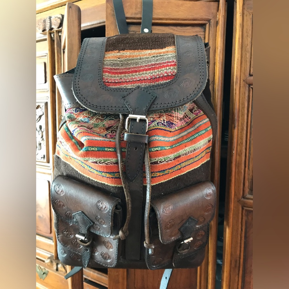 Vintage Dark Brown Tooled Leather and Woven Fabric Backpack - Picture 5 of 12